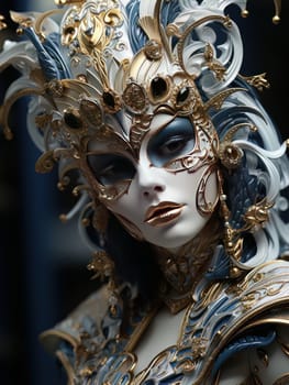 Female image of courtesan at festive carnival. Luxurious woman in white Venetian mask with gold patterns, AI