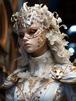 Female image of courtesan at festive carnival. Luxurious woman in white Venetian mask with gold patterns, AI