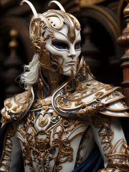 Warlike character in Venetian style equipment and mask. Aristocratic majestic man king warrior, fairy-tale character in comic book or computer game style, AI