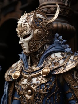 Warlike character in Venetian style equipment and mask. Aristocratic majestic man king warrior, fairy-tale character in comic book or computer game style, AI