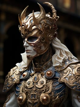 Warlike character in Venetian style equipment and mask. Aristocratic majestic man king warrior, fairy-tale character in comic book or computer game style, AI