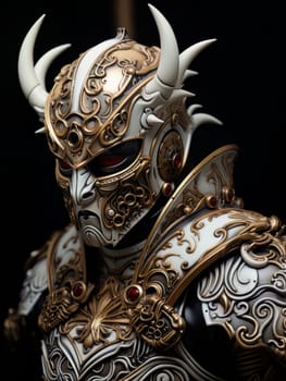Warlike character in Venetian style equipment and mask. Aristocratic majestic man king warrior, fairy-tale character in comic book or computer game style, AI