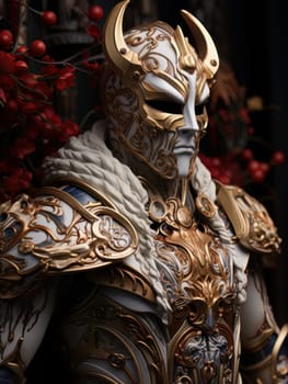 Warlike character in Venetian style equipment and mask. Aristocratic majestic man king warrior, fairy-tale character in comic book or computer game style, AI