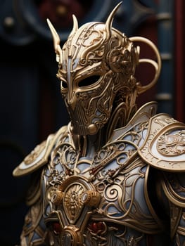 Warlike character in Venetian style equipment and mask. Aristocratic majestic man king warrior, fairy-tale character in comic book or computer game style, AI