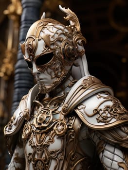 Warlike character in Venetian style equipment and mask. Aristocratic majestic man king warrior, fairy-tale character in comic book or computer game style, AI