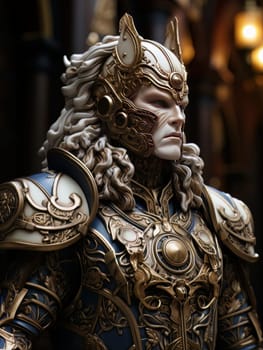 Warlike character in Venetian style equipment and mask. Aristocratic majestic man king warrior, fairy-tale character in comic book or computer game style, AI