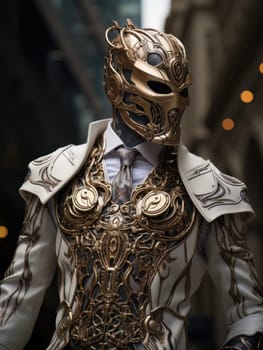 Warlike character in Venetian style equipment and mask. Aristocratic majestic man king warrior, fairy-tale character in comic book or computer game style, AI