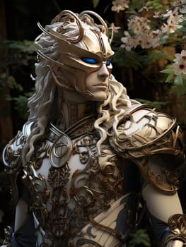 Warlike character in Venetian style equipment and mask. Aristocratic majestic man king warrior, fairy-tale character in comic book or computer game style, AI