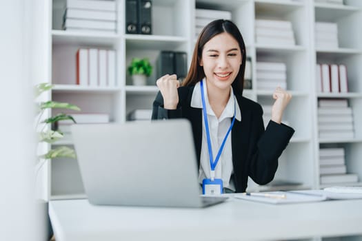 Business, finance and employment, female successful entrepreneurs concept. Confident smiling asian businesswoman, using laptop at work