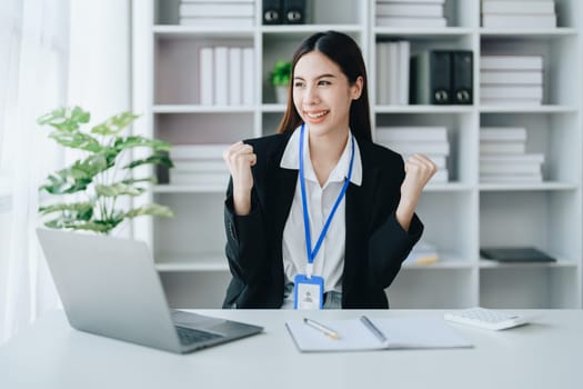 Business, finance and employment, female successful entrepreneurs concept. Confident smiling asian businesswoman, using laptop at work