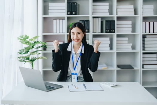 Business, finance and employment, female successful entrepreneurs concept. Confident smiling asian businesswoman, using laptop at work