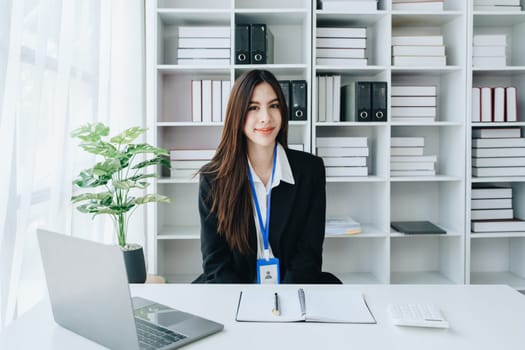 Business, finance and employment, female successful entrepreneurs concept. Confident smiling asian businesswoman, using laptop at work