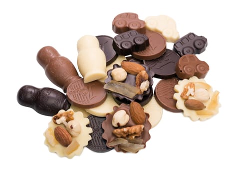 Assortment of tasty chocolates, isolated on white background