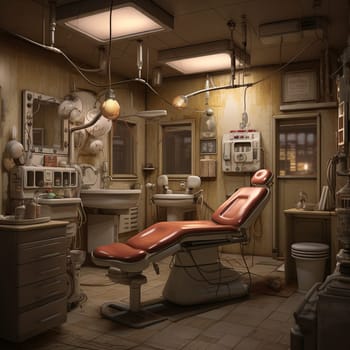 The office features industrial pipes on the walls, black and white tile flooring, a large window, and a corner sink. The green leather chair with a metal frame stands out in this distinctive setting.