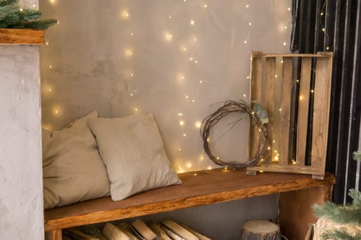 The interior of the Scandinavian-style living room, decorated for the Christmas holidays.