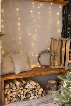The interior of the Scandinavian-style living room, decorated for the Christmas holidays.