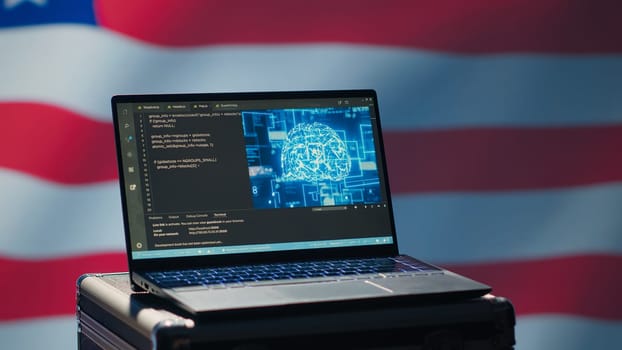 AI software on laptop used by American domestic security services to prevent terrorism. Artificial intelligence technology enhancing Patriot Act surveillance procedures against USA enemies, camera A