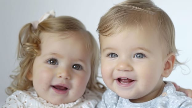 Adorable infants with joyful expressions, wearing pastel outfits, showcasing innocence and happiness