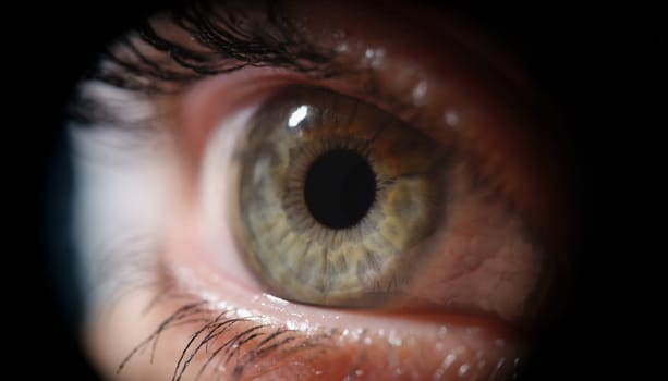 Macro photo of a female green eye, close-up. Healthy retina, lens selection, open look. Permanent makeup