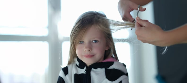 A little cute girl is cutting a lock of hair, close-up. Haircut at home during a pandemic. Children's stylist, hairdressing services