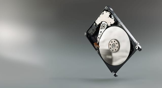 New hard drive a gray background, close-up. Computer memory, spare part, pc upgrade, hdd system, hardware