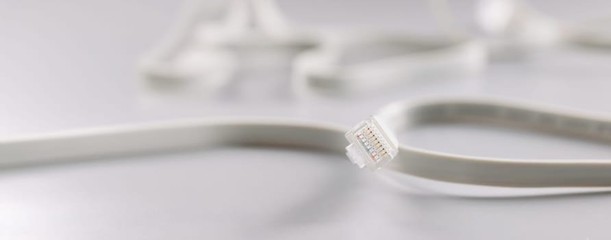 Ethernet LAN carrier and cable on a gray background, close-up. Cables and connectors used for data transmission