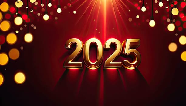 Golden digits 2025 on dark red background with bokeh lights, festive atmosphere, ideal for New Year event promotions