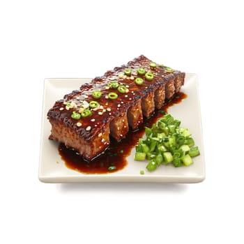 Pork ribs sticky hoisin glazed scallions fluttering down Food and Culinary concept. Food isolated on transparent background.