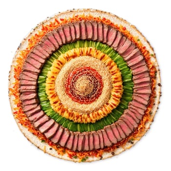 Beef Teriyaki Mandala tender beef strips in a sweet and savory teriyaki sauce layered in. Food isolated on transparent background.