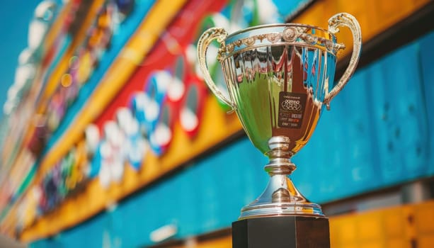 Silver trophy standing in front of colorful background celebrating winning and achievement