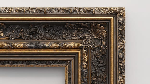 A detailed antique picture frame features elaborate carvings and a blend of dark and gold finishes, showcasing fine craftsmanship.