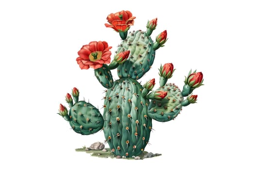 Vintage watercolor illustration of a large cactus with red flowers on it