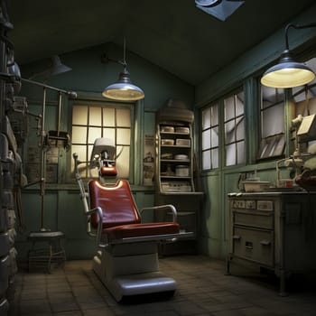The office features industrial pipes on the walls, black and white tile flooring, a large window, and a corner sink. The green leather chair with a metal frame stands out in this distinctive setting.