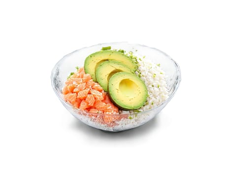 Salmon poke bowl with avocado and rice on a transparent glass bowl bright and healthy. Food isolated on transparent background.