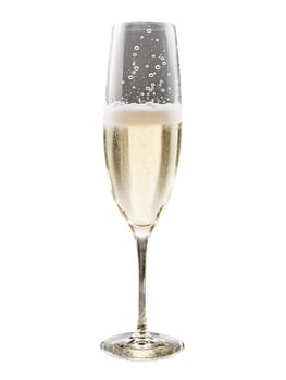Delicate fluted champagne flute, elongated bowl, effervescent bubbles rising, isolated no background, splashing pale sparkling wine, celebratory advertisement .