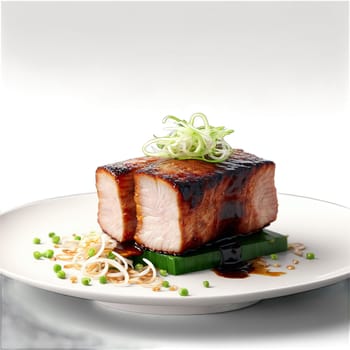 Pork belly skin on and unrendered with hoisin sauce and scallions swirling in an Asi. Food isolated on transparent background.