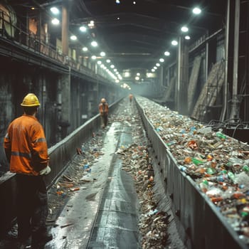 Workers in orange protective suits overseeing the waste processing on a conveyor belt at a facility