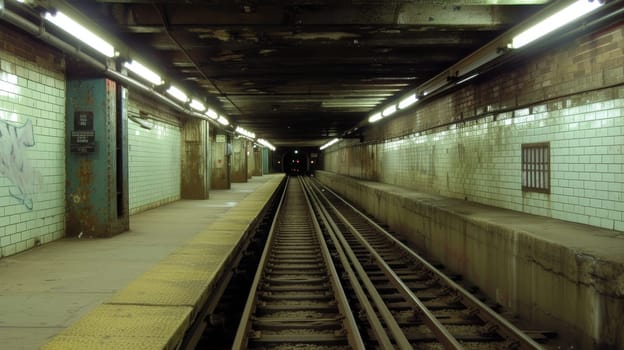 Empty subway platform with tracks extending into the darkness, signifying urban decay and neglect