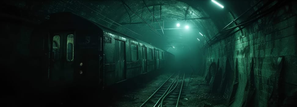 Derelict train covered in grime and moss, sitting abandoned in a dark, damp tunnel