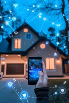 Hand holding smartphone with augmented reality interface overlaying smart home control graphics on a house background in twilight