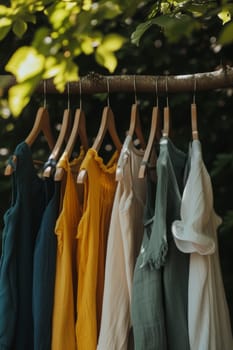 A row of colorful dresses hanging outdoors, blending with the natural surroundings