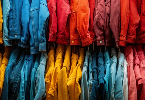 Assortment of colorful denim jackets neatly arranged on a store rack, showcasing fashion diversity