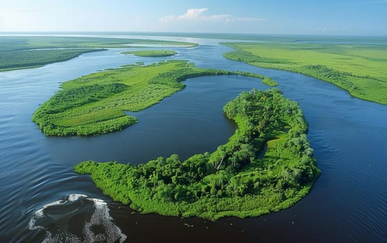 An aerial view reveals the winding path of a river cutting through lush wetlands, forming a natural mosaic of land and water. Bird's eye perspective showcases vastness and vitality of the ecosystem