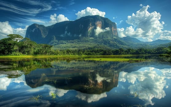 A towering cliff face is perfectly mirrored in the still waters of a serene lake, surrounded by a lush rainforest. Clouds drift gently in sky, completing the tranquil symmetry of this natural wonder