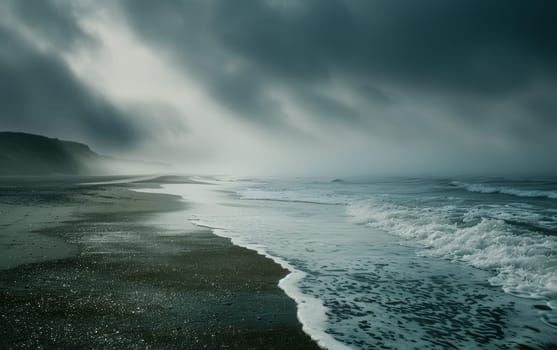 The moody atmosphere of a foggy beach is captured as waves rush over the pebbled shore, with the distant cliffs obscured by the sea mist. It's a scene of captivating natural drama