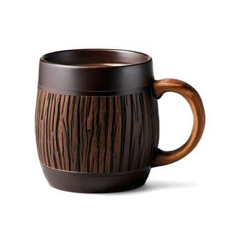 Rustic hand carved wooden mug with a natural wood grain filled with a rich dark. Drink isolated on transparent background