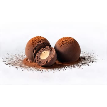 Chocolate truffles dusted with cocoa powder split in half to reveal a smooth ganache center. Food isolated on transparent background.