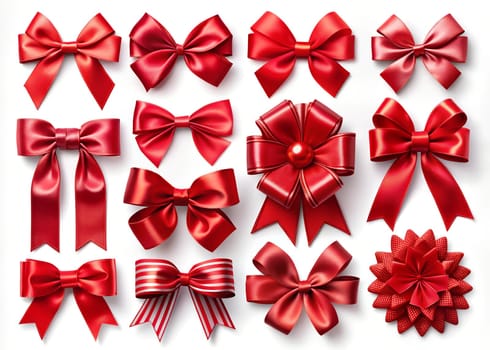 Set of red satin bows isolated white background. Satin bow, decoration for holiday. Ai generated image