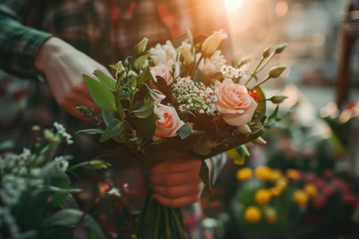 Close up of hands arranging beautiful bouquet of pink roses and assorted flowers with greenery in warm sunlight. Floral design, handmade arrangement, and romantic flower bouquet. Ai generation.