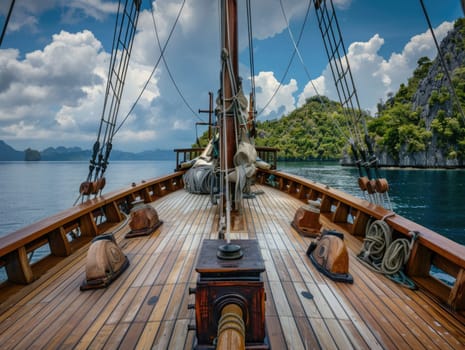 Scenic wooden sailboat deck with view of tropical islands and calm sea under blue sky with clouds. Luxury maritime adventure, traditional sailing, and exotic island exploration. Ai generation.